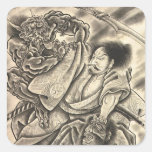 Tatuaje japonés de la lucha del demonio del samura colcomanias cuadradas personalizadas