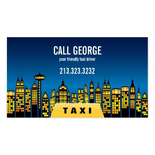 Taxi en ciudad en la tarjeta de visita de noche