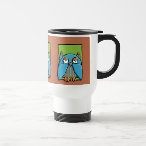 Taza azul del viaje del marrón del verde del búho