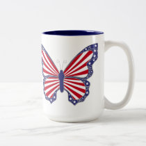 Taza blanca y azul roja patriótica de la mariposa tazas