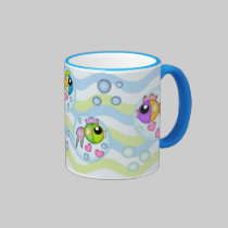 Taza con los pescados, las burbujas y las ondas li tazas