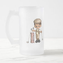 Taza de cerveza helada dibujo animado del golfista