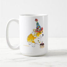 Taza del cumpleaños del Corgi del gorra del confet