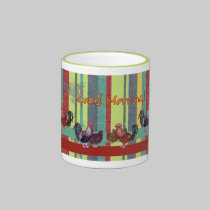 Taza del texto de la buena mañana con los pollos y tazas