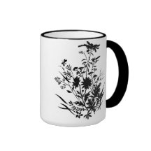 Taza floral de la silueta blanco y negro…