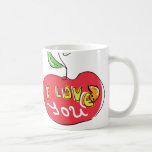 Te amo manzana con la taza del té del gusano