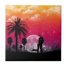 Teja romántica de la pared de la puesta del sol
