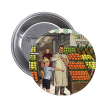 Tendero y muchacho del vintage al lado del soporte pin