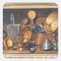 Todavía vida con los utensilios de la cocina pegatinas cuadradas