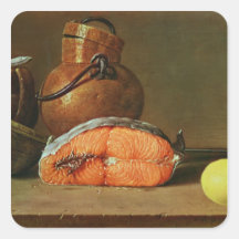 Todavía vida con un pedazo de salmones calcomanía cuadrada