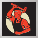 Trabajador con el poster retro llamativo del vinta