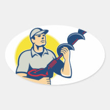 Trabajador del constructor con el taladro de la ta pegatinas de óval