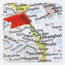 Trace el perno colocado en Shangai, China en mapa, Calcomanias Cuadradas