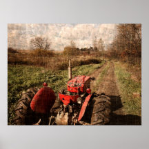 Tractor rojo - impresión rural del paisaje posters