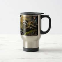 tres mapaches jovenes muy lindos con el pájaro taza de café