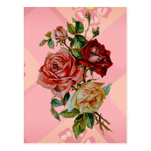 Tres rosas en modelo rosado postal