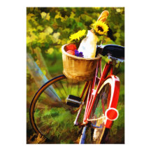 Una barra de pan un jarro del vino y de una bici invitación