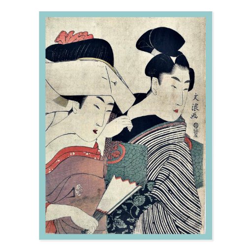 Una señora en esperar y su criado Ukiyoe Postales