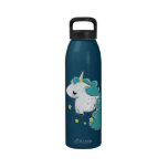Unicornio azul del dibujo animado con las estrella botellas de agua reutilizables