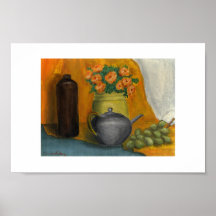 Uvas con las flores y el pote del té poster