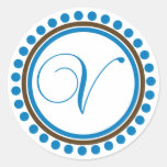 V monograma (azul/círculo del punto de Brown) Etiquetas Redondas