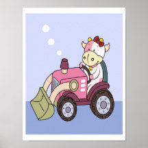 Vaca del bebé que conduce un poster del tractor