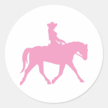 Vaquera que monta su caballo (rosa) etiqueta redonda