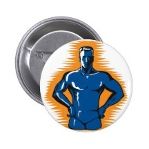 varón del super héroe que coloca retro delantero pins