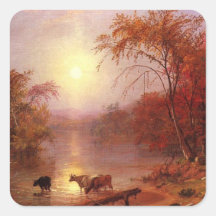 Verano indio el río Hudson por Bierstadt Calcomanía Cuadrada Personalizada