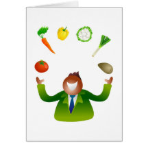 Verduras que hacen juegos malabares del hombre tarjetón