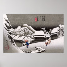 Viajeros en la nieve en la estación de Kanbara Impresiones