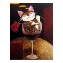 Vino rojo gato-arte-Rojo Postales