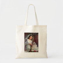 Vintage la novia hermosa y su pastel de bodas bolsas lienzo