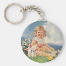 Vintage Pascua, chica con el cordero de los pollue Llavero