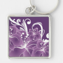 Volutas blancas florales púrpuras llavero personalizado