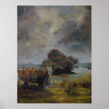 Yatch en dique seco con el cielo tempestuoso poster
