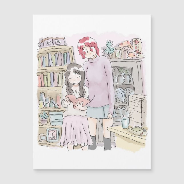 さむにくじ　本棚のある部屋で立って並んで本のページをめくる二人の女性のイラスト (Anverso)
