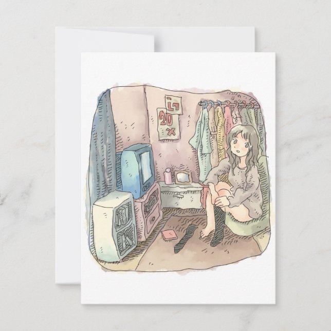 さやしくじ　衣類のかけてある部屋の座椅子に座ってテレビを見ながら靴下をはいている女性のイラスト (Anverso)