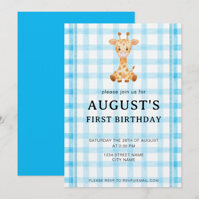 002 Invitación de cumpleaños de jirafa azul cerúle (Anverso / Reverso)