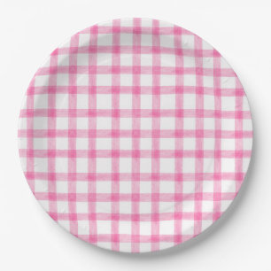 009 Platos de papel de gingham de color rosa fucsi