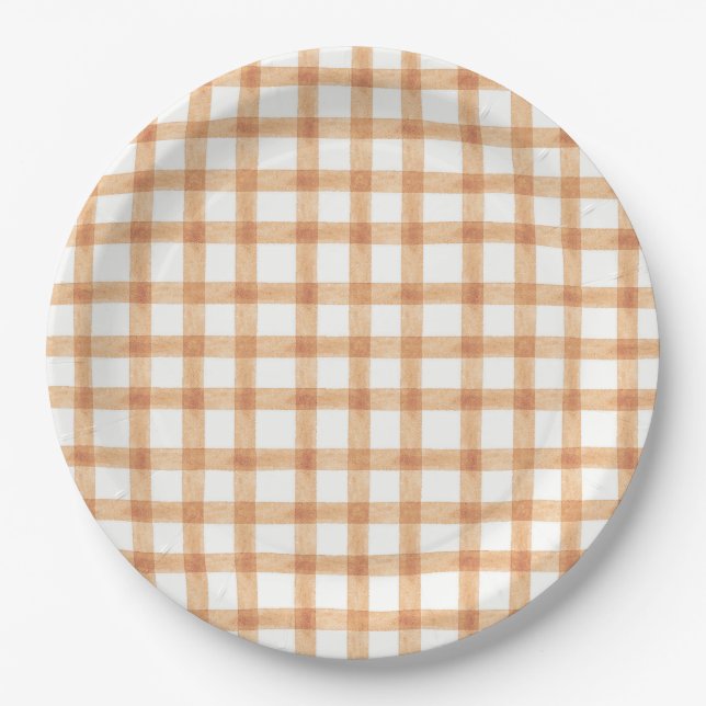 014 Latte Tan Acuarela Gingham L Platos de Papel (Anverso)