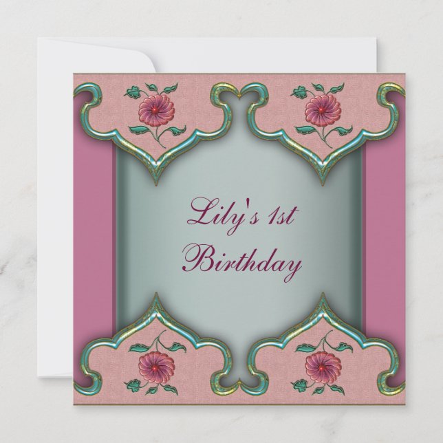 1ª Invitación de cumpleaños de flor elegante rosa  (Anverso)