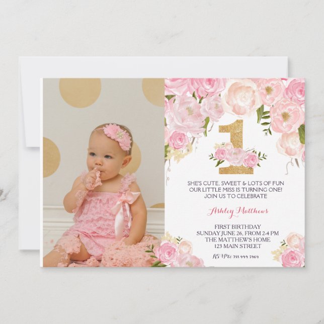 1º cumpleaños 1ª bella invitación floral, (Anverso)