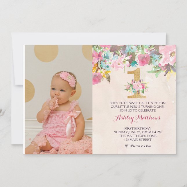 1º cumpleaños 1ª bella invitación floral, (Anverso)