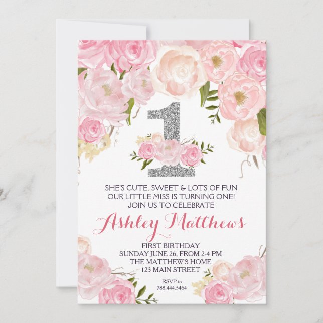 1º cumpleaños 1ª bella invitación floral, (Anverso)