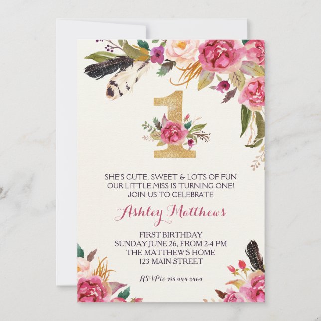 1º cumpleaños 1ª bella invitación floral, (Anverso)
