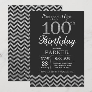 100.ª invitación a cumpleaños Purpurina negro y pl