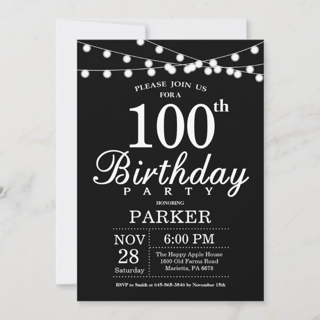 100.ª invitación de cumpleaños blanco y negro (Anverso)