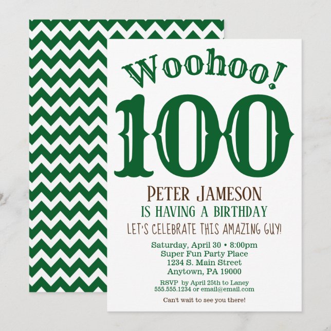 100.ª invitación de cumpleaños hombres verde marró (Anverso / Reverso)