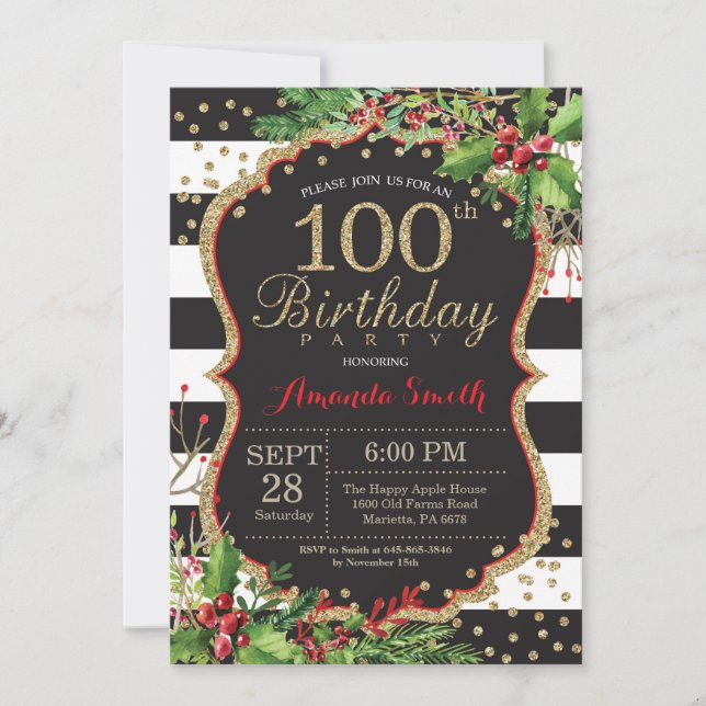 100.ª invitación de cumpleaños Navidades Red Black (Anverso)